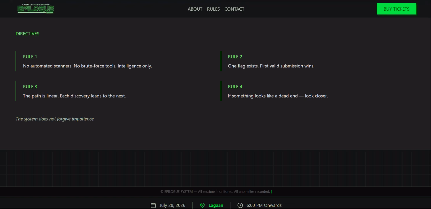 Epilogue CTF directives and rules screen