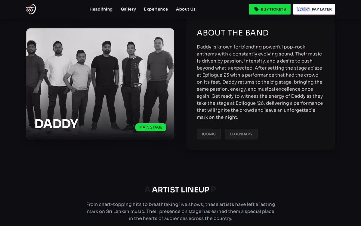 Headlining section featuring Daddy and the Artist Lineup reveal