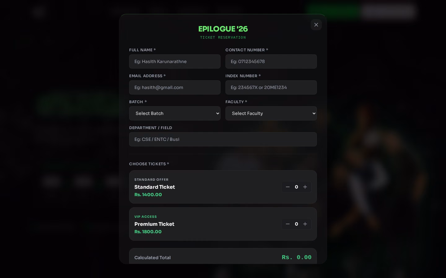 In-page ticket reservation modal with tier selection and live total