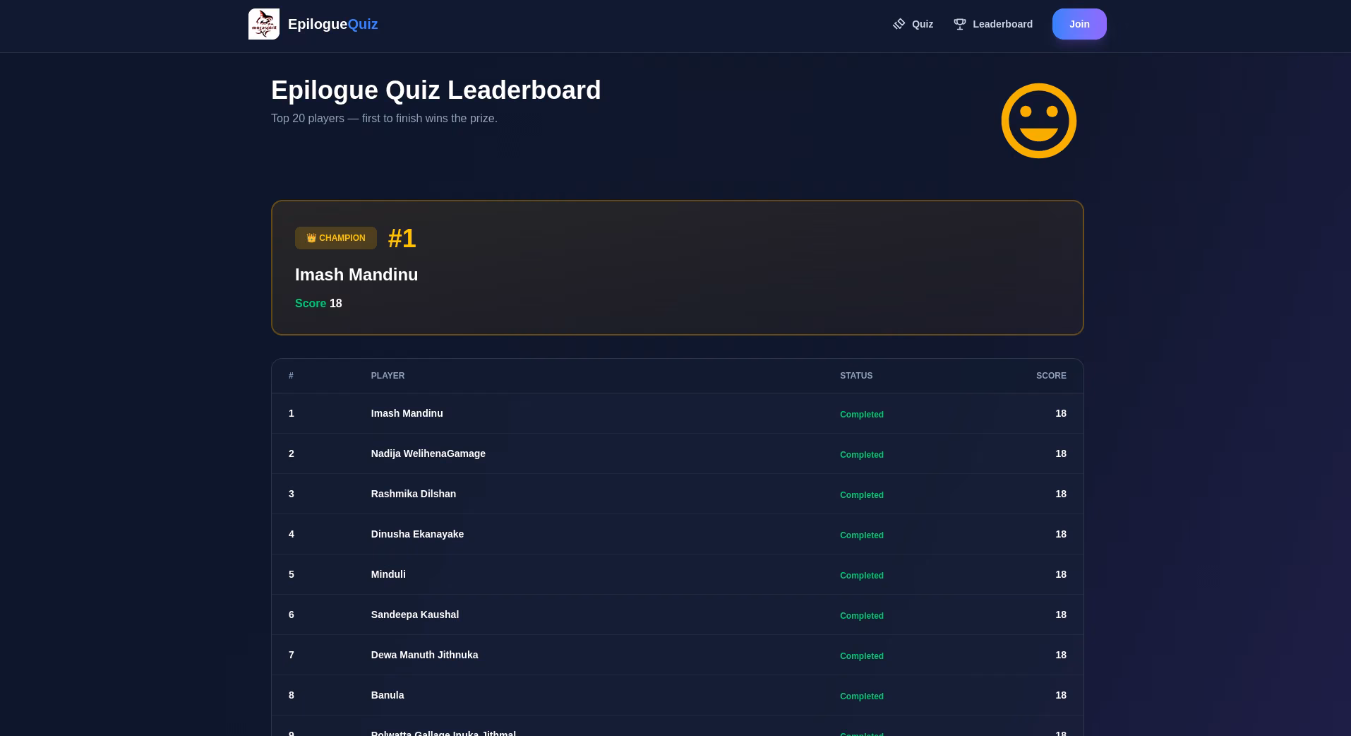 Epilogue Quiz live leaderboard